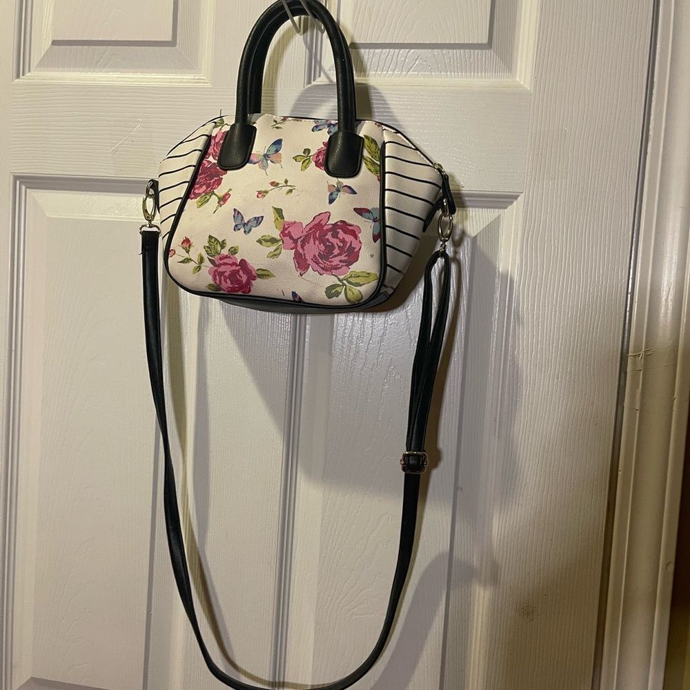 Betsey Johnson floral roses & butterflies Satchel black &white striped - Picture 7 of 9